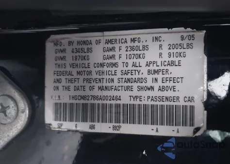 2006 Honda Accord 3.0 Ex z USA, uszkodzony, nr VIN 1HGCM82786A002464